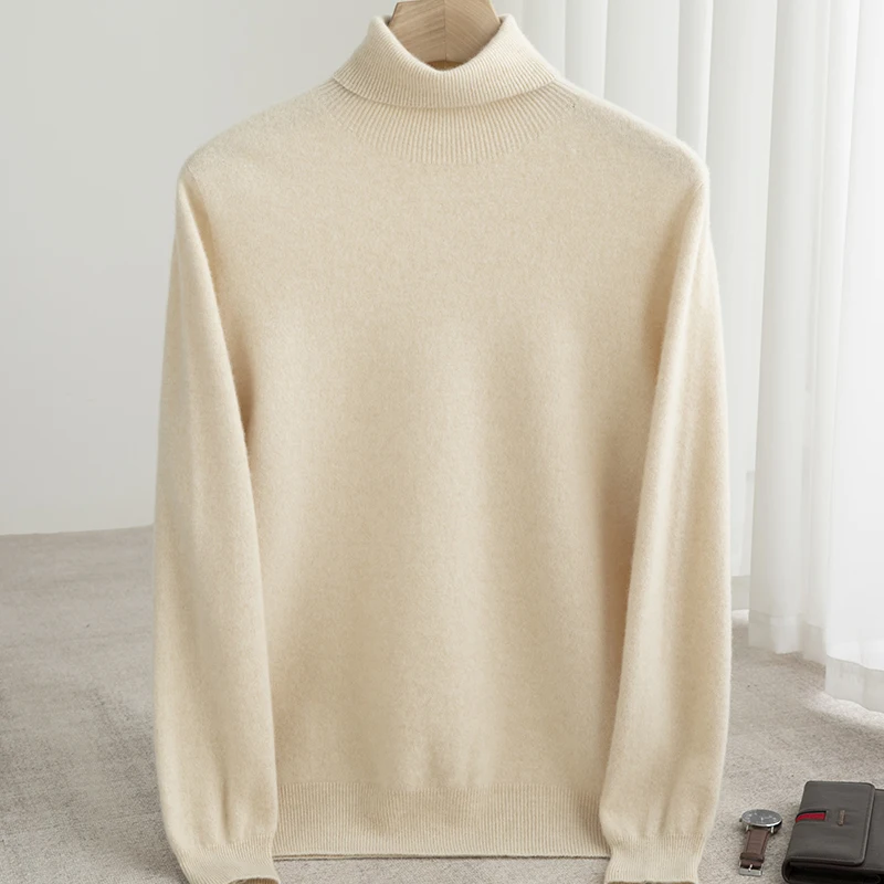 Men 100% Merino Wool Sweater Turtleneck Knitted Pullover Cashmere Warm Solid Color Clothes Business Bottoming Tops Autumn Winter