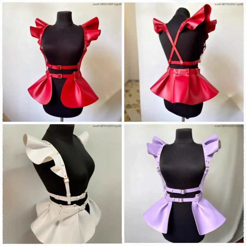 Women Faux Leather Ruffle‑Shoulder Suspender Harness Double Waist Girdle Multi‑Size Adjustable Decor Role‑play Costume Accessory