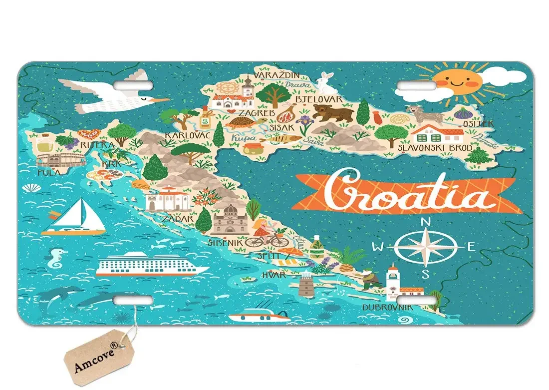 Map License Plate, Croatia Map Travel with Croatian Landmarks Aluminum Metal License Plate Car Tag Novelty Home Decoration for W