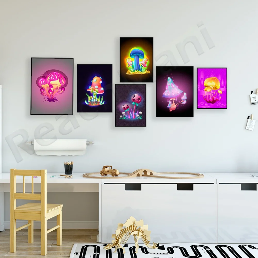 Trendy retro mushroom 70's, black violet blue mushroom, mushroom psychedelic art, hippie, boho, retro style aesthetic poster