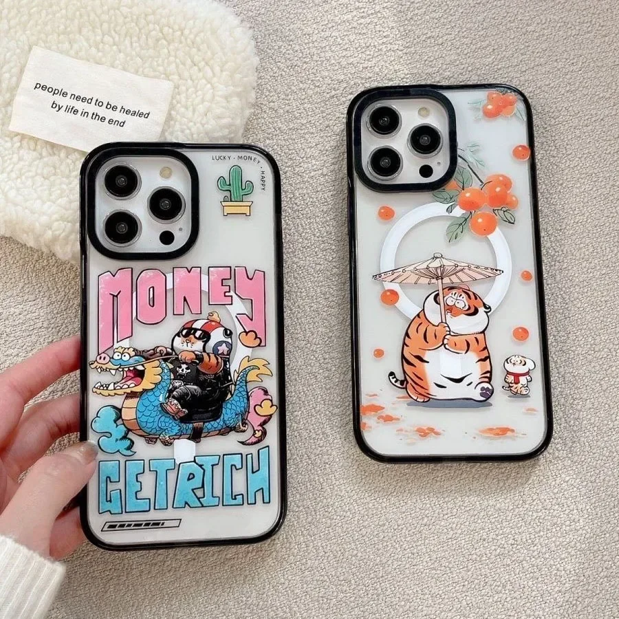 

MagSafe Acrylic Black Border Cartoon Tiger Case Phone Case Cover for IPhone 11 12 13 14 15 Pro Max Case for IPhone 15 Pro Max