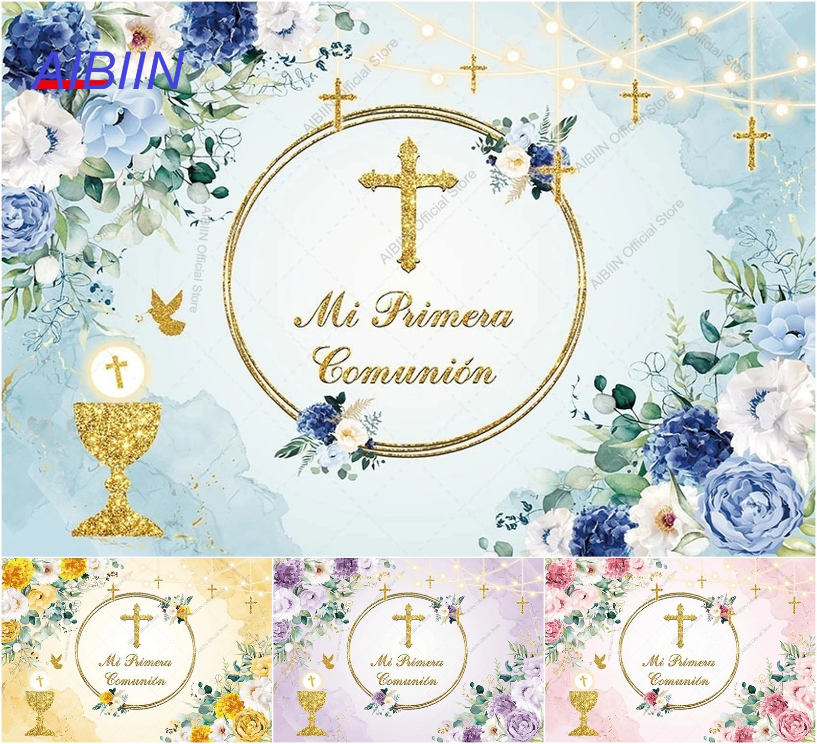 Mi Primera Comunión Backdrop Different Color Floral Dove Gold Cross Holy Grail Kids Baptism God Bless Party Decor Background