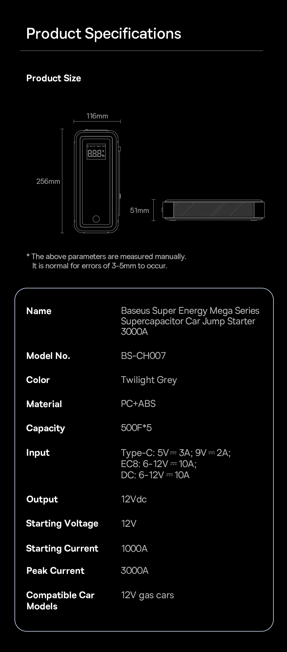 Baseus Super Capacitor Auto Starthilfe 3000A Auto Booster Gerät Ladegerät Batterie weniger Tragbare Auto Start für Notfall Gerät – Detail 17