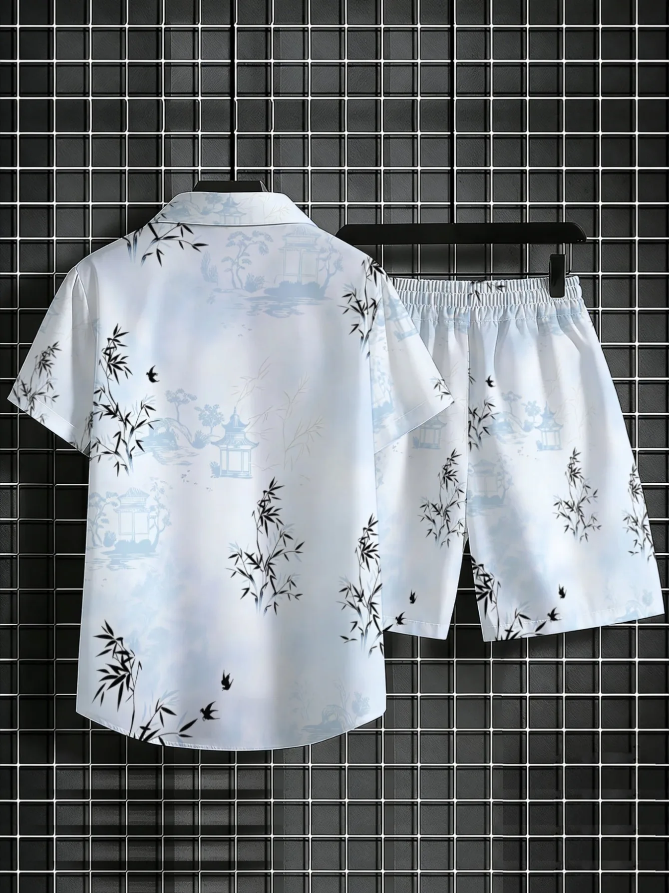 Summer Male Oriental Landscape Pattern Set Short Sleeve Button Shirt Drawstring Shorts Beach Vacation Outfit