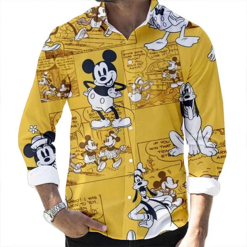 

Mickey Minnie Donald Duck Cartoon 2024 Spring Harajuku New Fashion Casual 3D Printed Long Sleeve Lapel Shirt Slim Men's Top