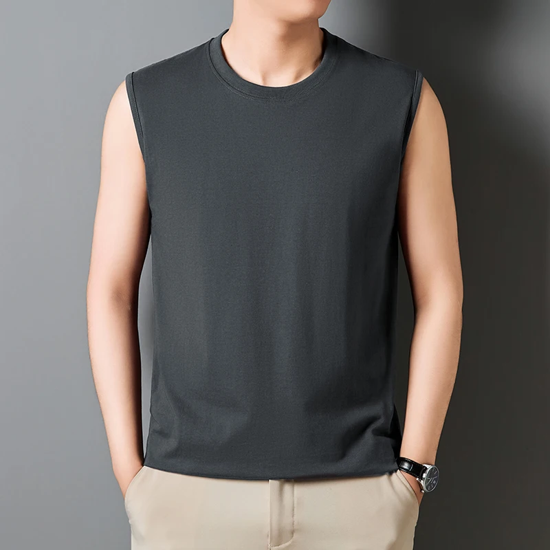 

100% Pure Cotton Tops for Men Summer Classic Solid Round Neck Tees Male Sleeveless Cotton Basic Tee Shirts