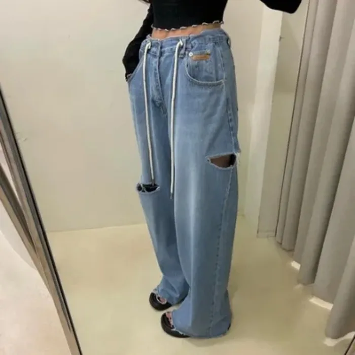 

Spring Vintage Pure Color Washed out Pocket Denim Pants Floor-Length Trousers Loose Fit High Waist Jeans for Young Women