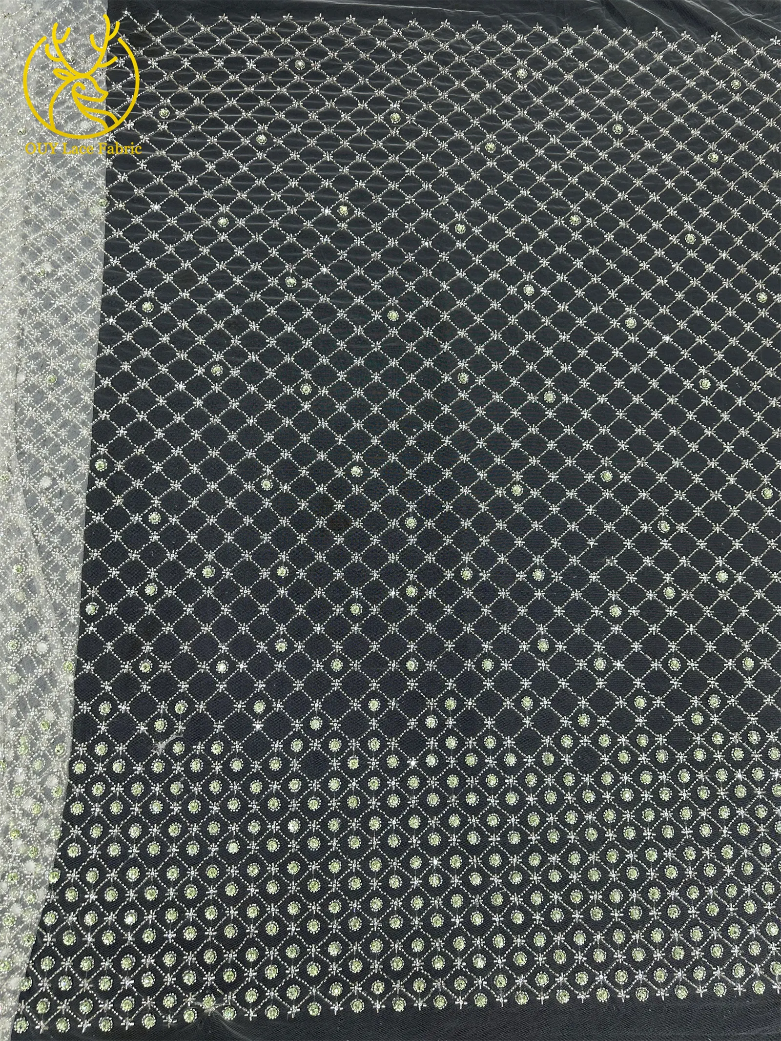 Smaragdgrüner Afrikanischer Tüll mit Perlen, Hochwertige Französische Pailletten-Spitze, Nigerianischer Mesh-Tüll für Hochzeitskleider – Detail 15