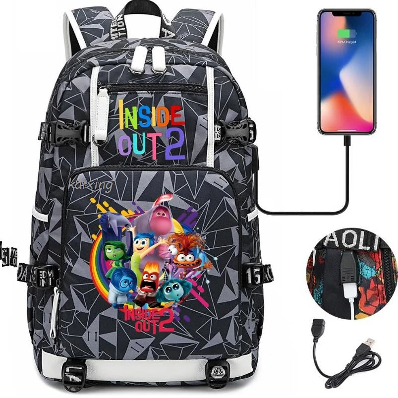 New Inside Out2 Backpack Black Bookbag Cartoon School Bags for Teenage Kids Camouflage Travel Bagpack USB Laptop Shoulder Bags