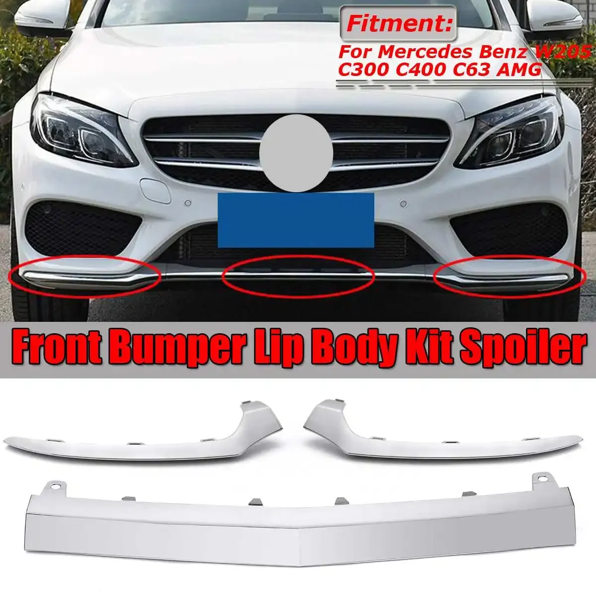 

New Car Front Bumper Lower Lip Cover Chrome Molding Trim Chrome Silver For Mercedes For Benz W205 C300 C400 C63 For AMG Body Kit