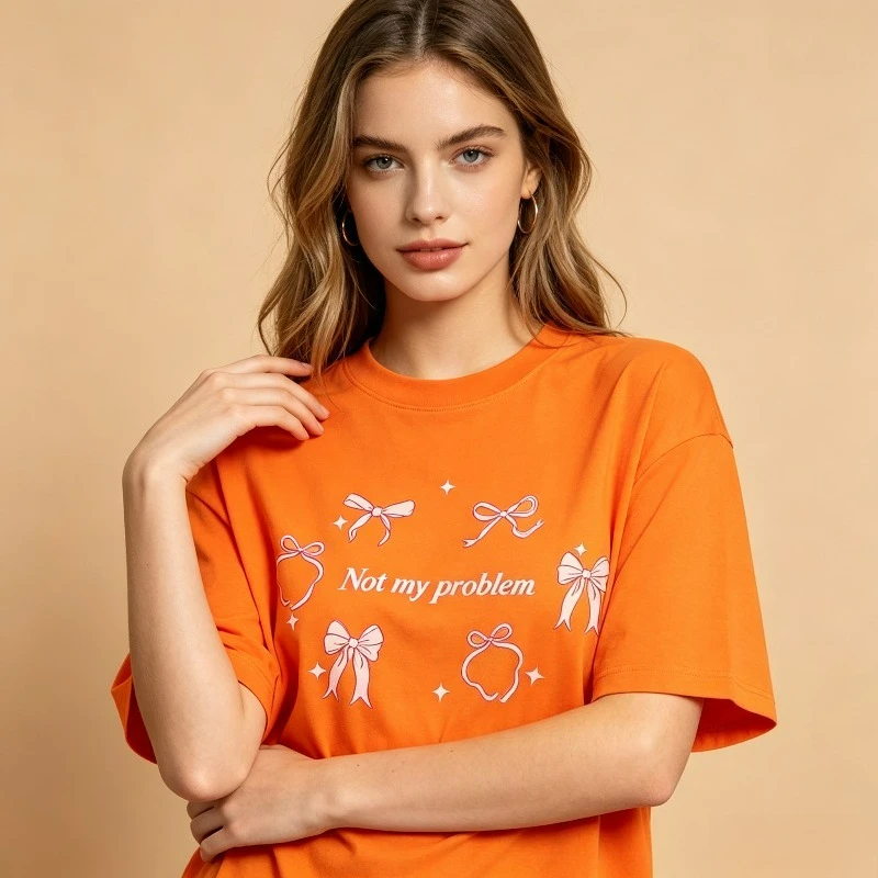 Bow Not My Problem Print T-Shirt 100% Cotton Cute Pink Bow Letter Graphic Tee Casual Streetwear for Women