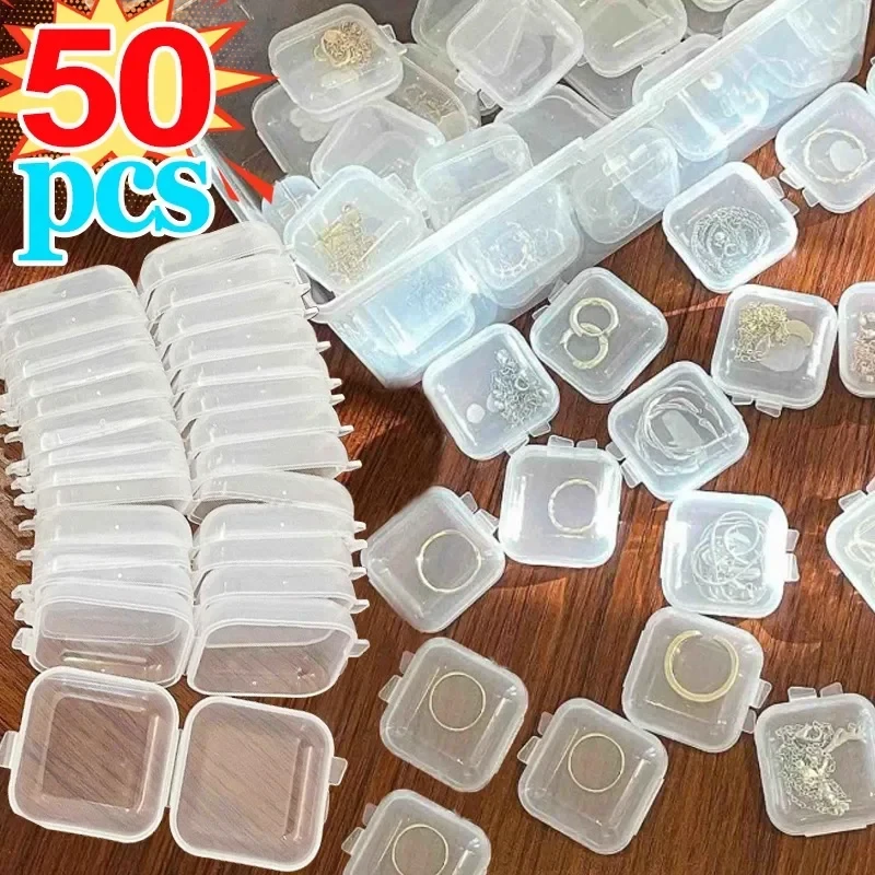 50/1pcs Mini Plastic Storage Box Square Transparent Flip Portable Pill Container Jewelry Holder Earrings Packaging Display Box