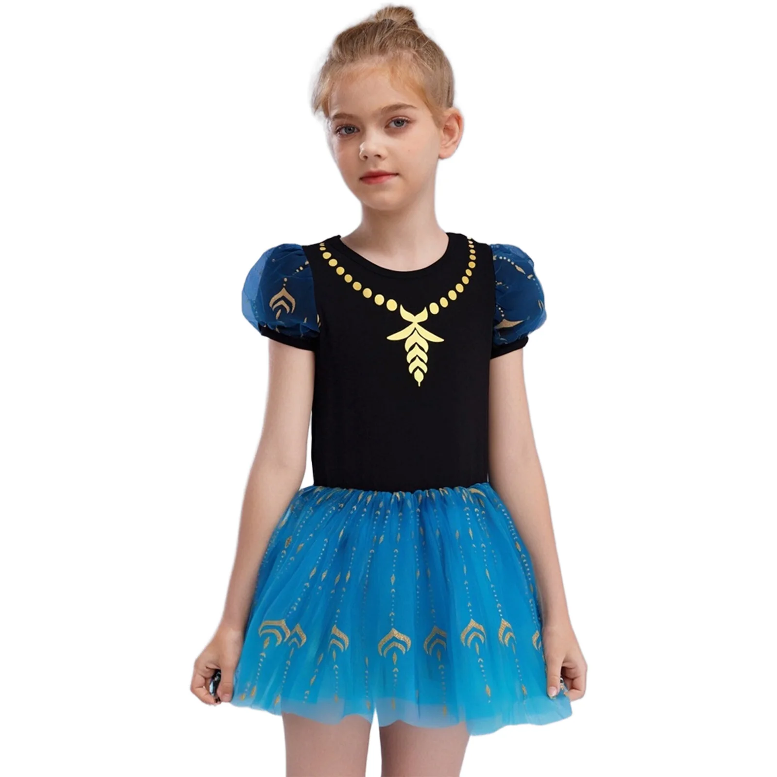 

Children Girls Lyrical Ballet Tutu Dress with Puff Sleeves Shiny Sequins Tulle Skirt for Stage Prom Dance Recital Costume