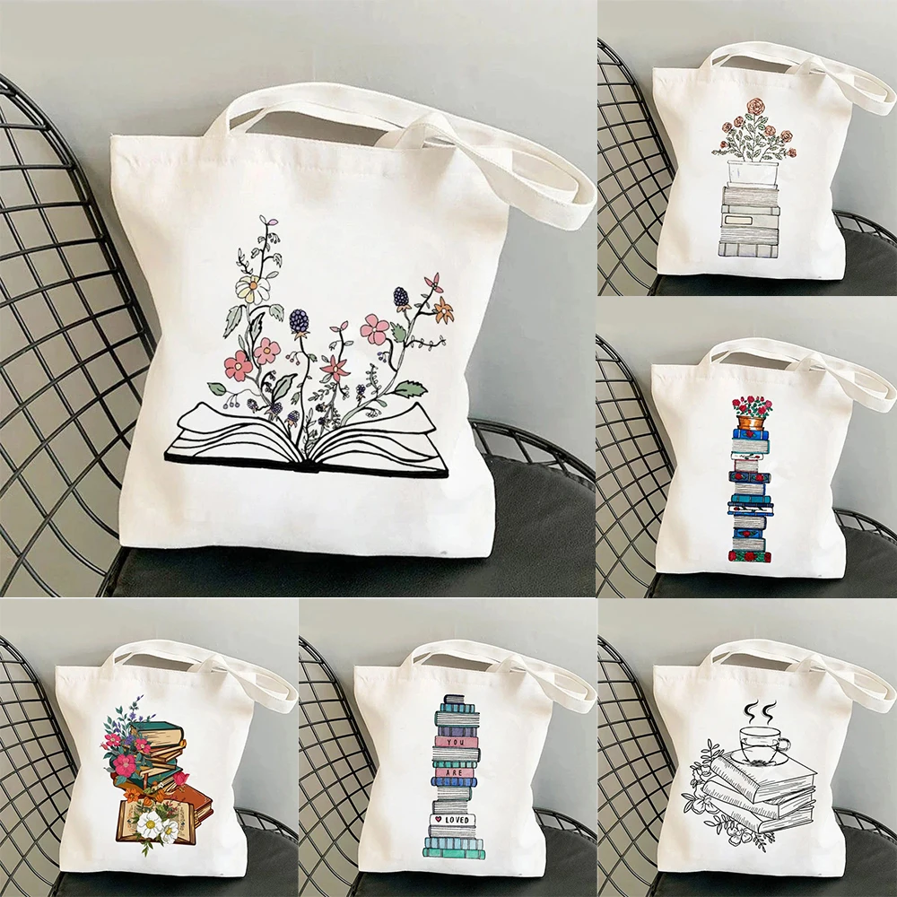 Book Lover Floral Canvas Tote Bag Cute Large Capacity Shoulder Bag Reading Enthusiasts Perfect Commute School