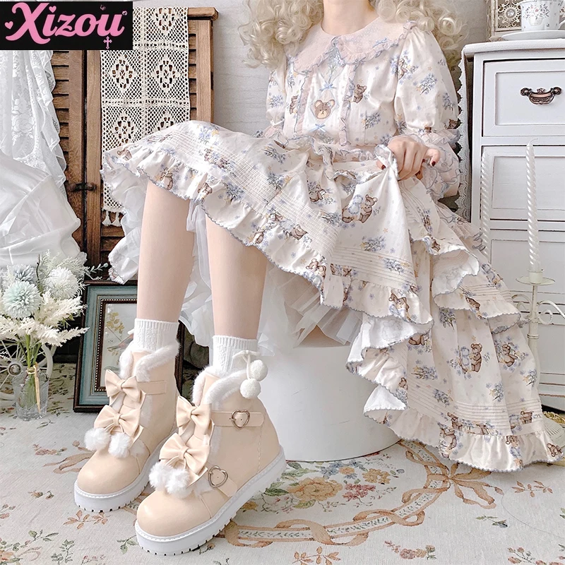 

Japanese Original Lolita Bow Women's Shoes Punk Style Platform Cute Lo Shoes Winter Velvet Short Boots Warm Snow Boots Women