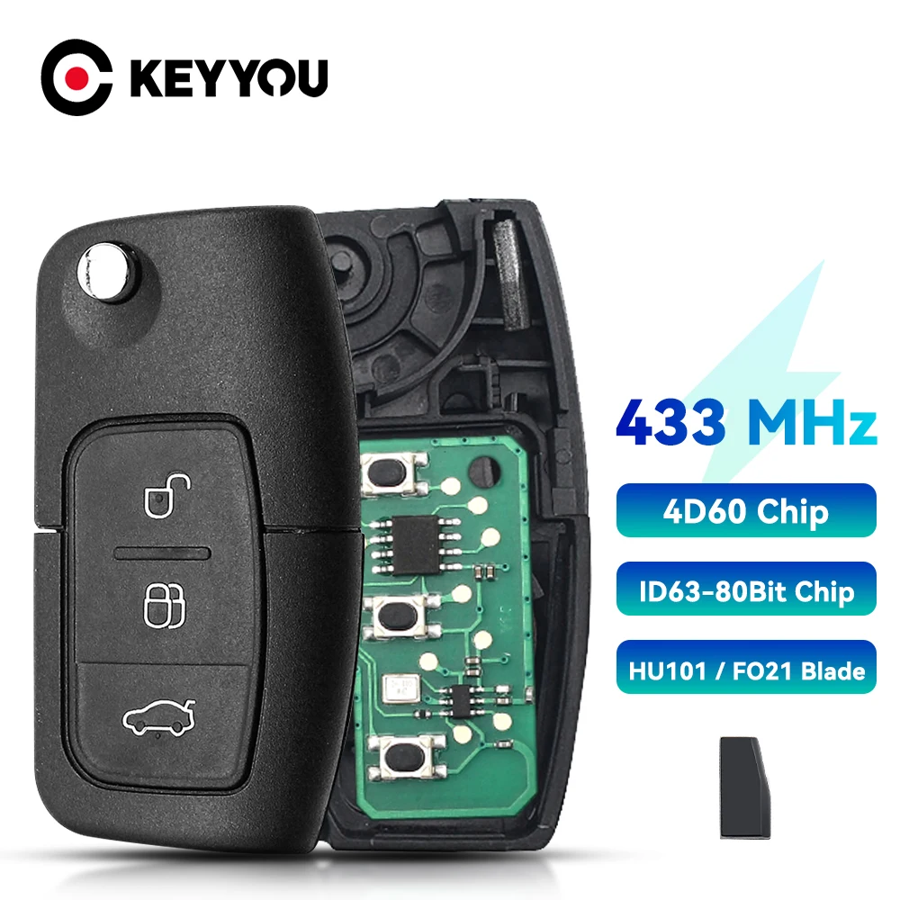 KEYYOU Für Ford Fusion Fokus Mondeo Fiesta Galaxy Uncut HU101 Klinge 4D63/4D60 Chip Auto Fernbedienung Schlüssel DIY 433MHz Fahrzeug Flip Schlüssel – Detail 4