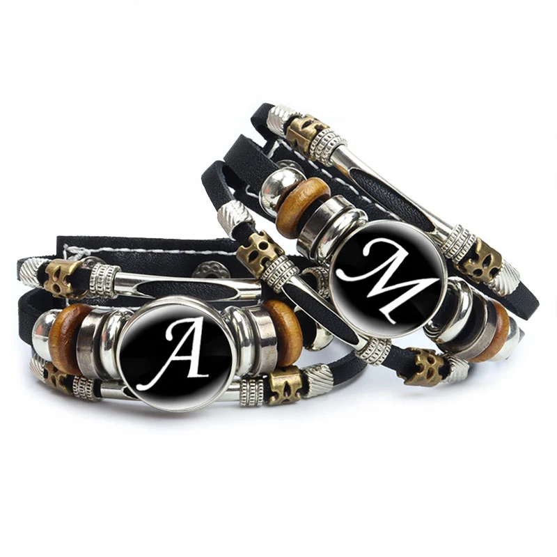 Artistic Letter A-Z Leather Bracelet 26 Initial Letters Cabochon Glass Adjustable Snap Bracelet Women Men Trendy Accessory Gift