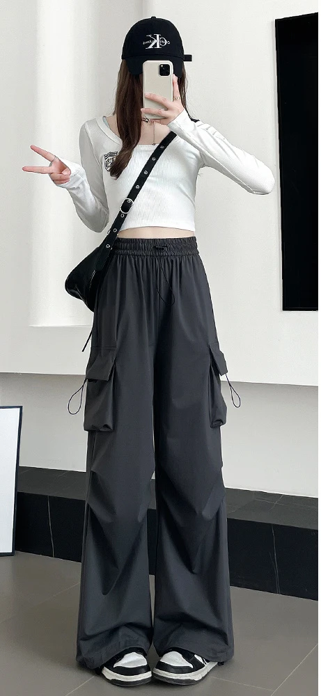 Cargohose für Damen, Streetwear, Herbst, Nylon, bestickt, Stickerei, Perlen, mit Diamanten besetzt, glitzernde Pailletten, glänzender Vintage-Stil