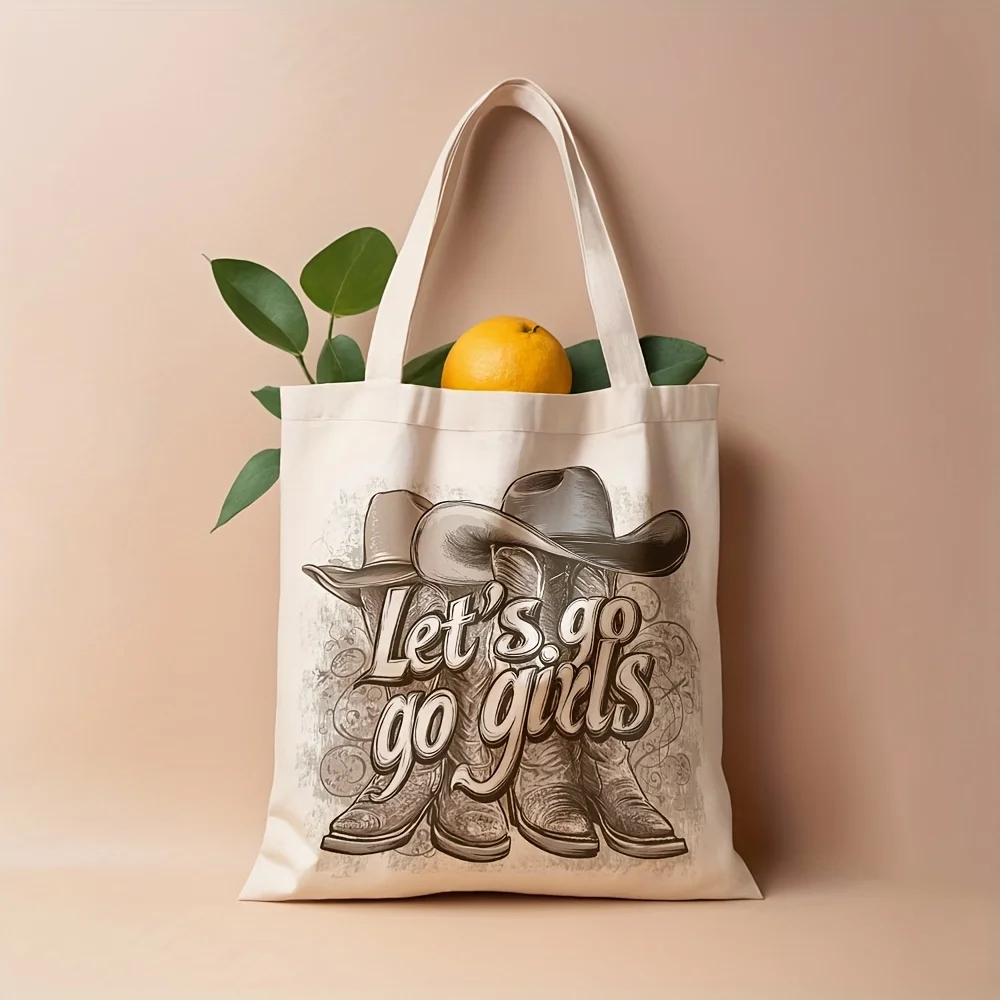 A Western cowboy hat and boots pattern print canvas tote bag, suitable for daily use, shopping, school, and travel