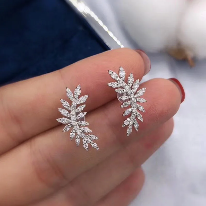 Personality Crescent Shaped CZ Crystal Leaf Feather Knot Stud Earrings for Women 925 Silver Ear Climbers Ear Female Jewelry