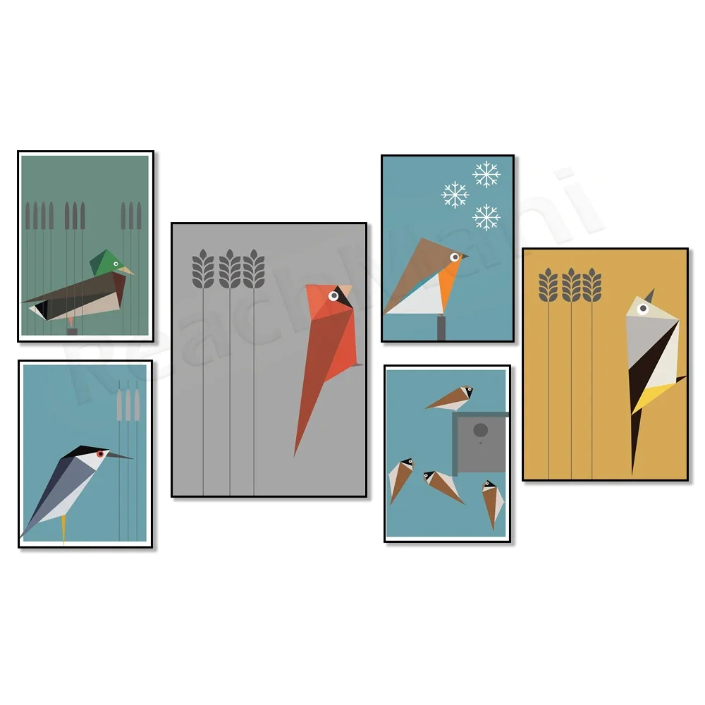 Medieval modern birds, sparrow bird, grey wagtail, grey heron bird, cardinal, mallard, sandpiper, wildlife nature poster