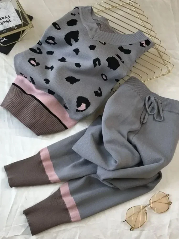 

Knitted 2 Pieces Sets O-neck Print Pullovers Outfit High Waist Ankle Length Pant Suits Soft Spring Fall Korean Conjuntos L295