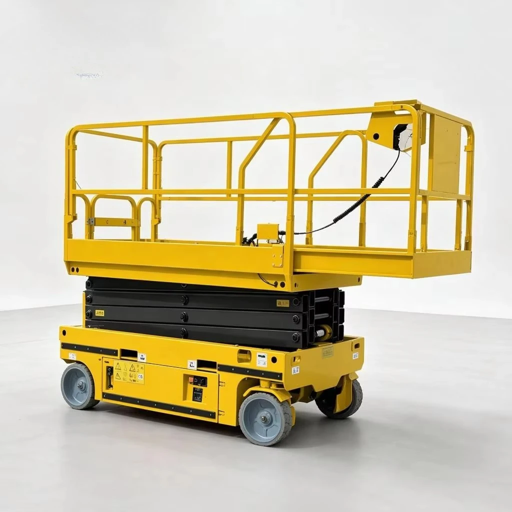 8m Self Propelled Electric Wheeled Scissor Lift 10m Working Hydraulic Non Marking Tires Foldable Fence Indoor Use
