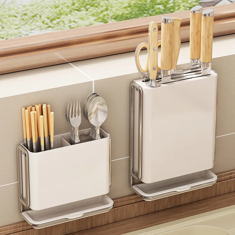 2024 New Kitchen Wall-mounted Multi-functional Kitchen Knife Holder Chopstick Cartridge Integrated Tool Storage Rack