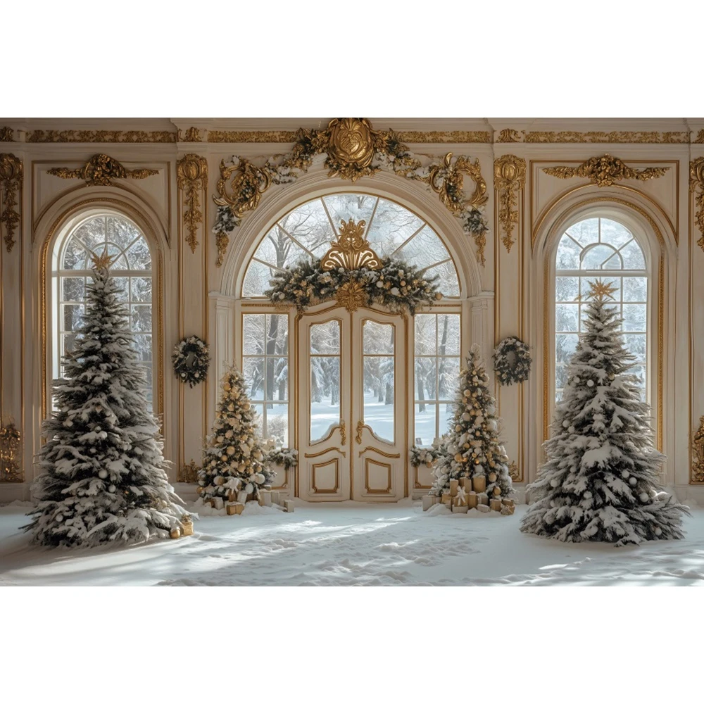 Winter Schnee Weihnachten Hintergrund Weihnachtsbaum Europäischen Fenster Weihnachten Erwachsene Kinder Porträt Fotografie Hintergrund Dekor Foto Studio