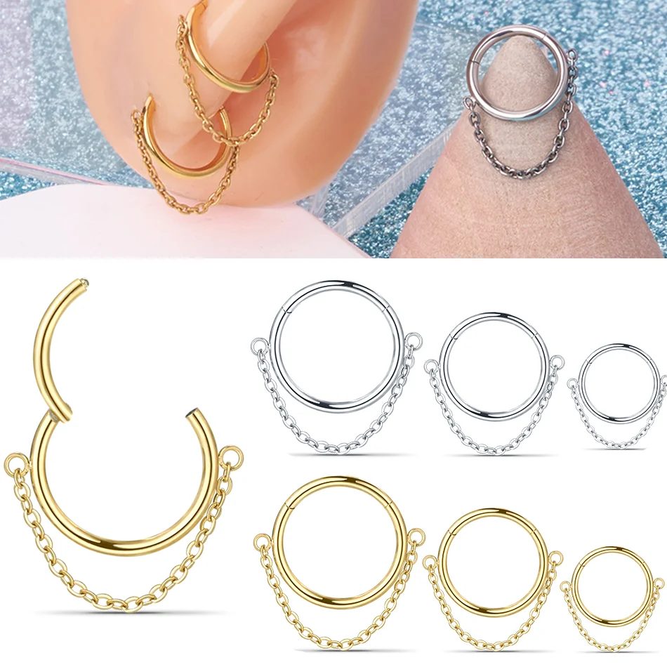 Hinged Segment Ring with Chain Stainless Steel Septum Piercing Nose Ring Women Cartilage Helix Earring Hoop Piercing Body Jewelr