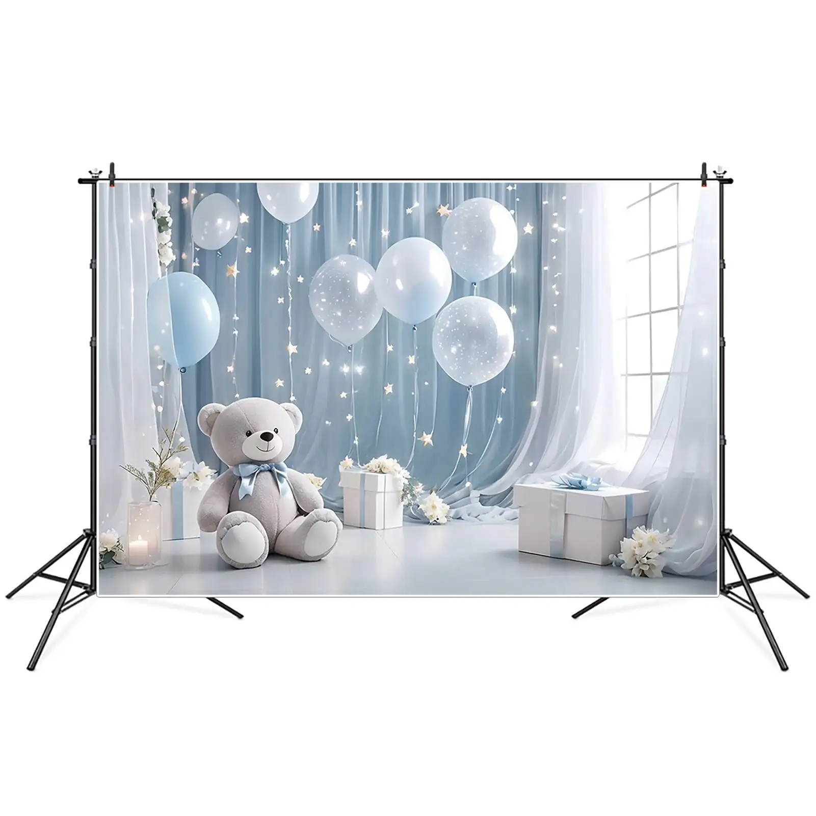 MOON.QG-cortina azul y blanca para fondo de cumpleaños, paño drapeado para niño, oso de peluche, globo, telón de fondo personalizado para fiesta, accesorios para sesión fotográfica