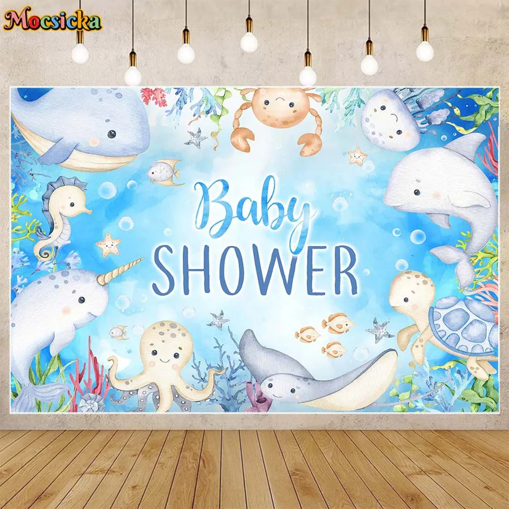 Mocsicka Baby Shower Backdrop Boy Welcome Party Decor Under the Sea Dolphin Whale Kid Photography Background Custom Banner Props