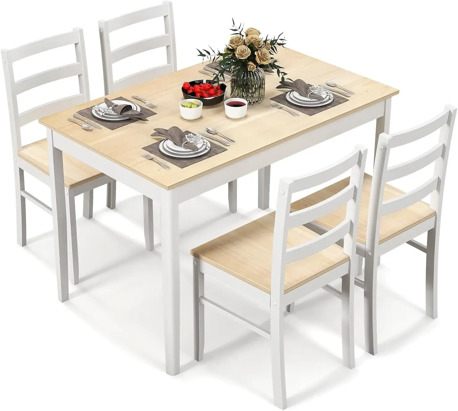 Wood Kitchen Table Chairs Set with Rubber Wood Legs, Space-Saving Design