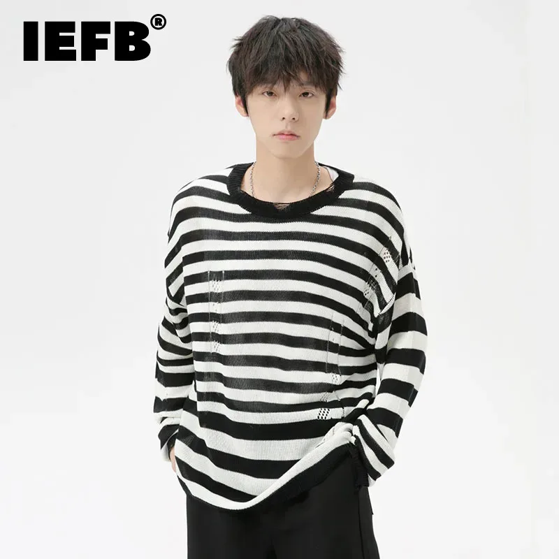 

IEFB Korean Style Men's Sweater Hollow Out Striped Contrast Color Male Pullovers Round Collar Menwear Tops Autumn Trend 9C7037