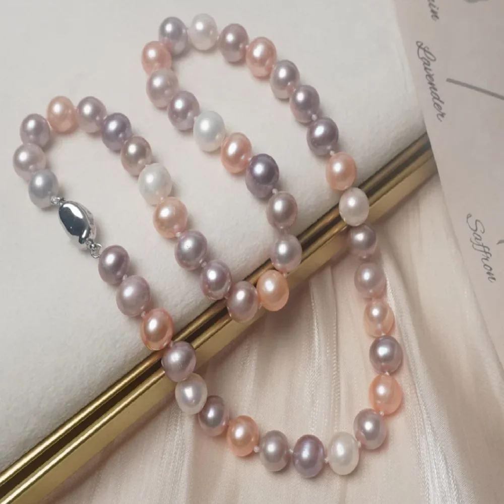 Beautiful Multi Color Mixed Pearl AAA++9-10mm South Sea White Pink Purple Round Pearl Necklace 925s 16-36inch