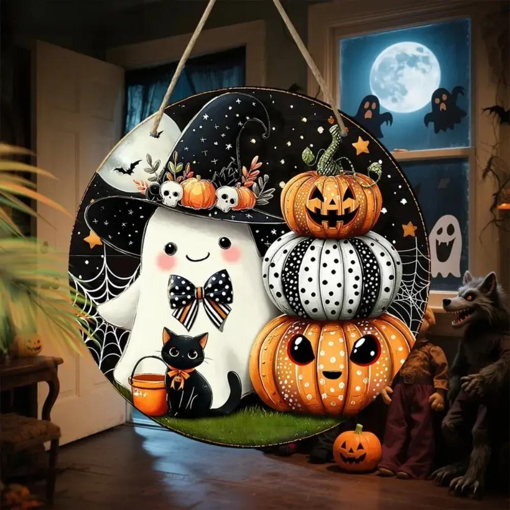 2D Halloween Circular Wooden Sign, Cute Ghost, Bat, Pumpkin Design, Suitable for Home, Room, Garden, Party Decoration, Gifts