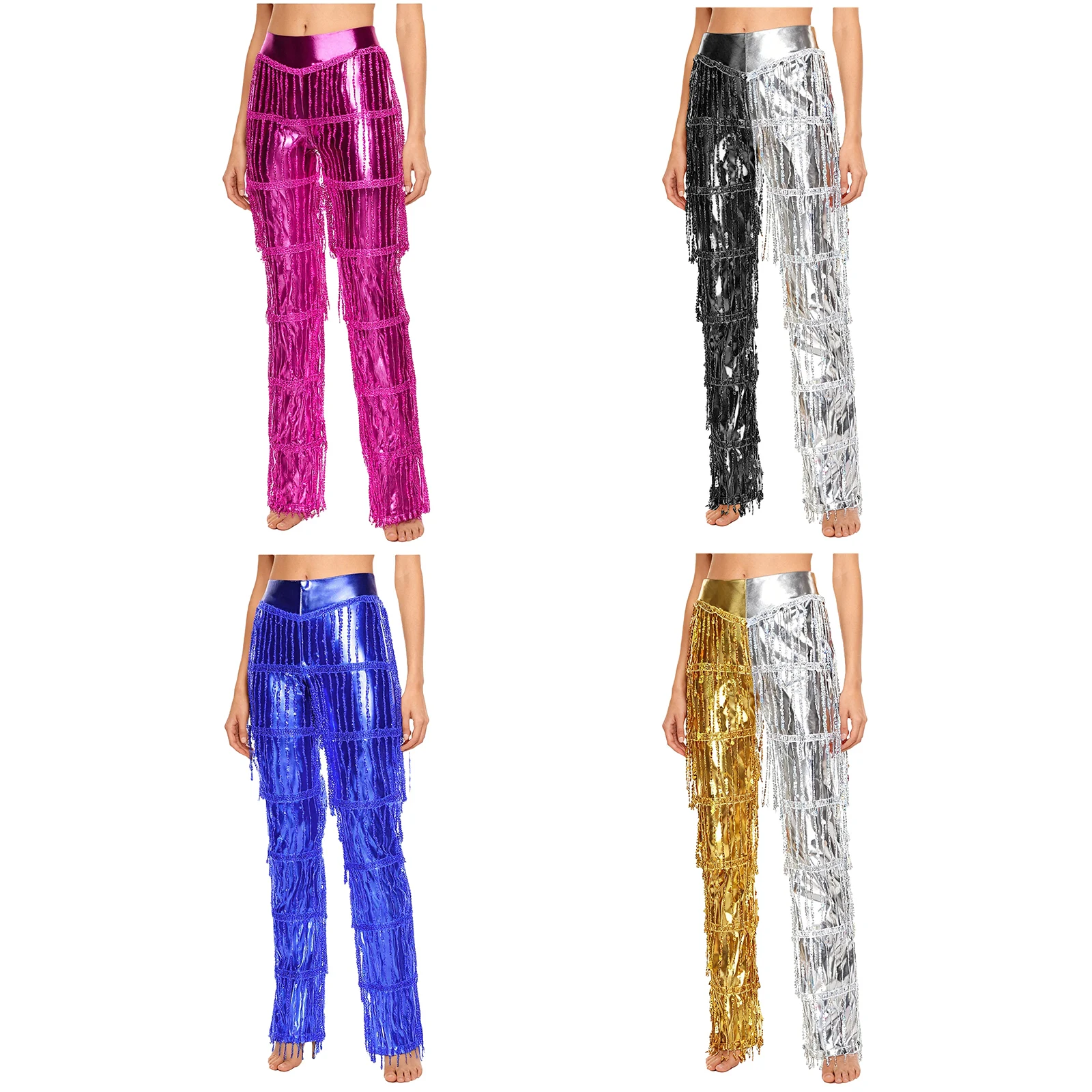

Womens Latin Tango Dance Pants Tiered Sequin Tassel Color Blocking Metallic Long Pants Trousers for Rock Disco Salsa Dance