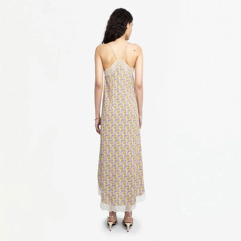 Zadig Summer Robes Woman Elegant Backless Long Dresses Female Lace Sexy V-Neck New Long Robes Jupes Wing Flamingo Print Dresses