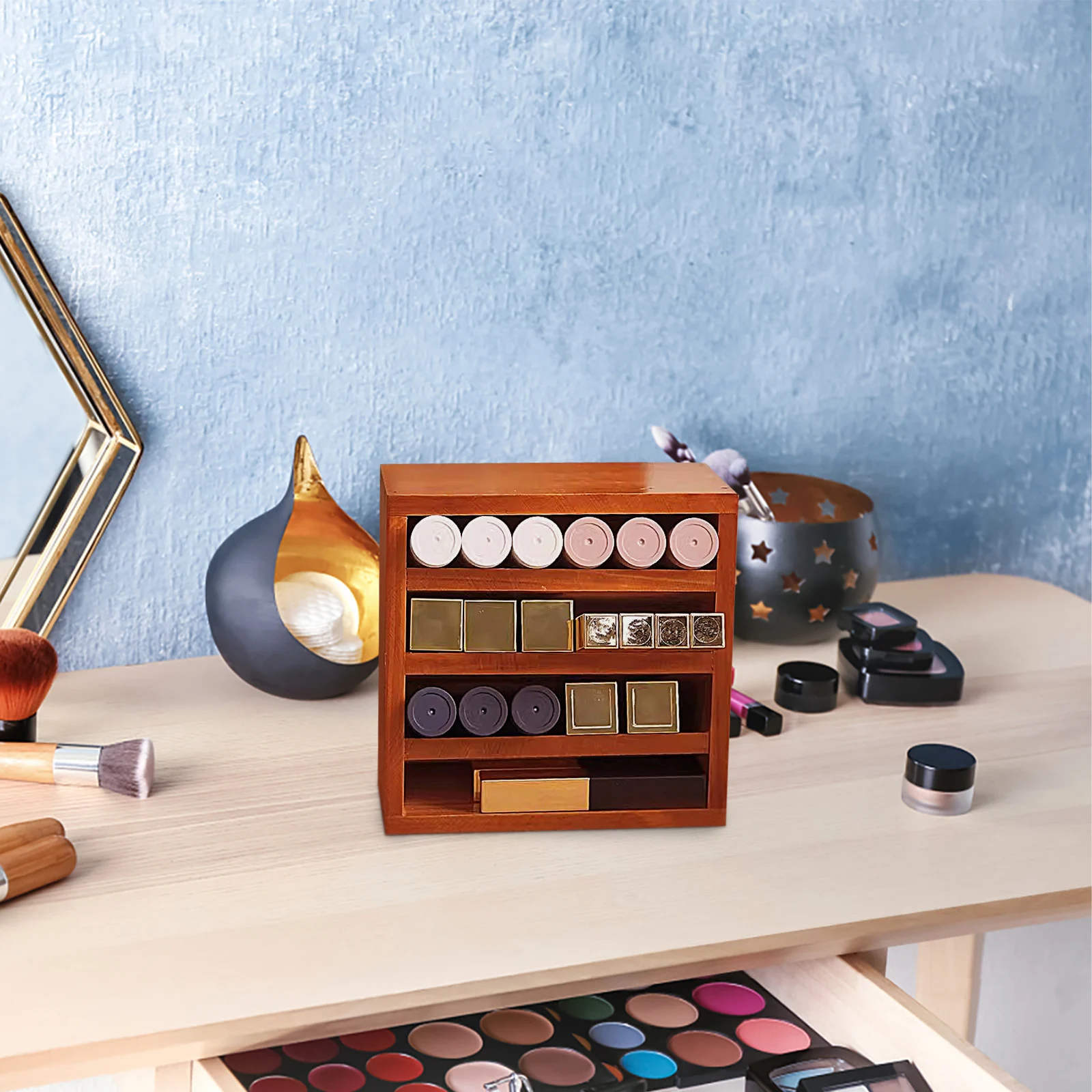 

Solid Wood Storage Box Dark Brown Desktop Holder for Lipstick Makeup Organizers Travel Size Bedroom Use
