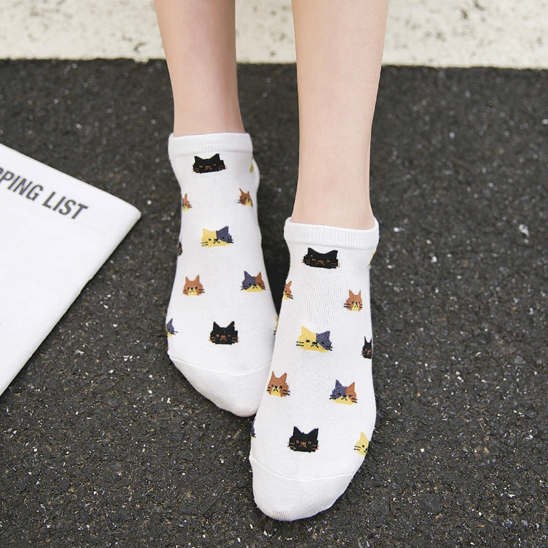 5 Pairs Women Cartoon Cat Socks Ankle Socks Kitten Korean Fashion Female Kawaii School Girls Casual Short Socks Calcetines Mujer