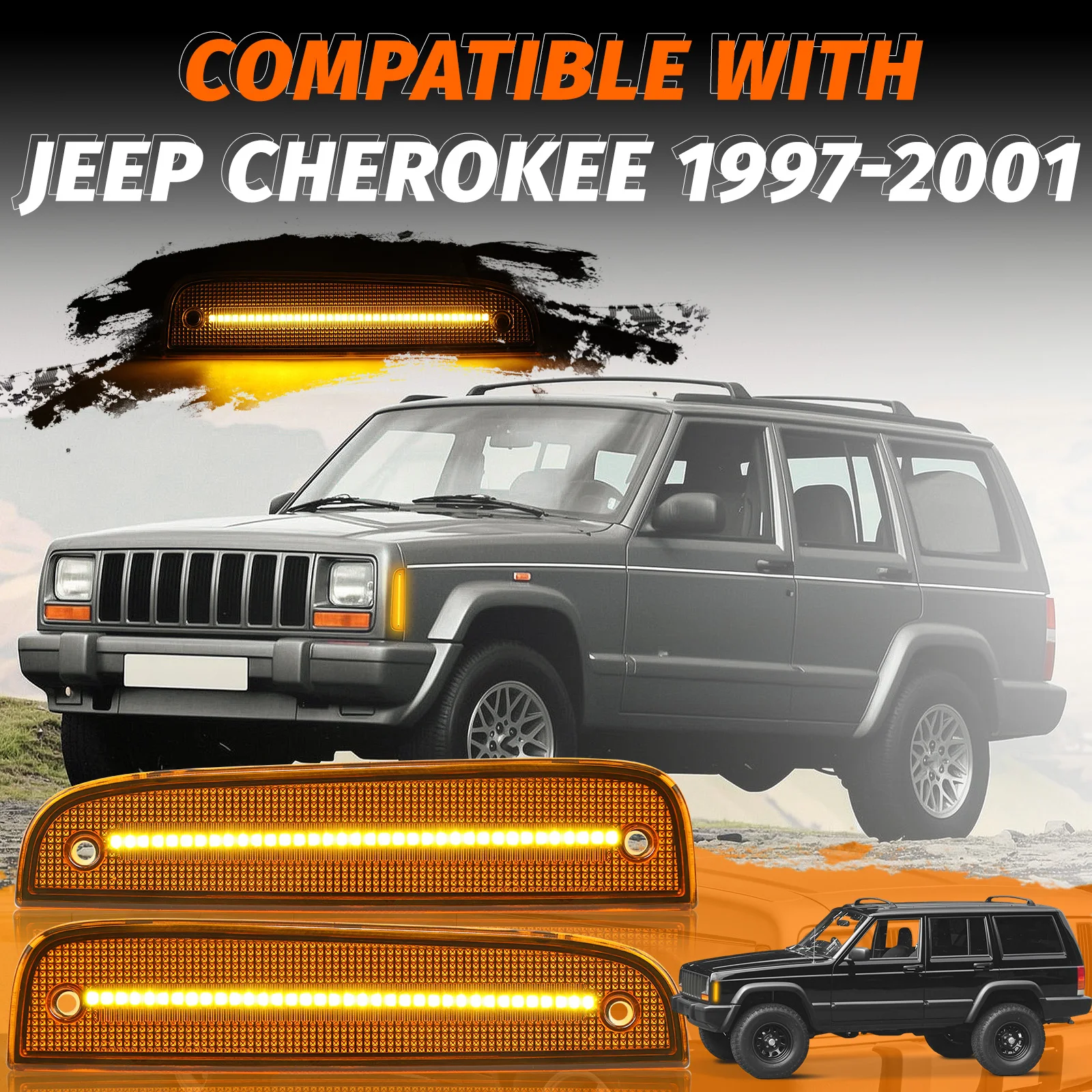 LED Dynamic Front Side Marker Lights Smoked Lens Amber Left & Right Turn Signal Lamp For Jeep Cherokee 1997 1998 1999 2000 2001