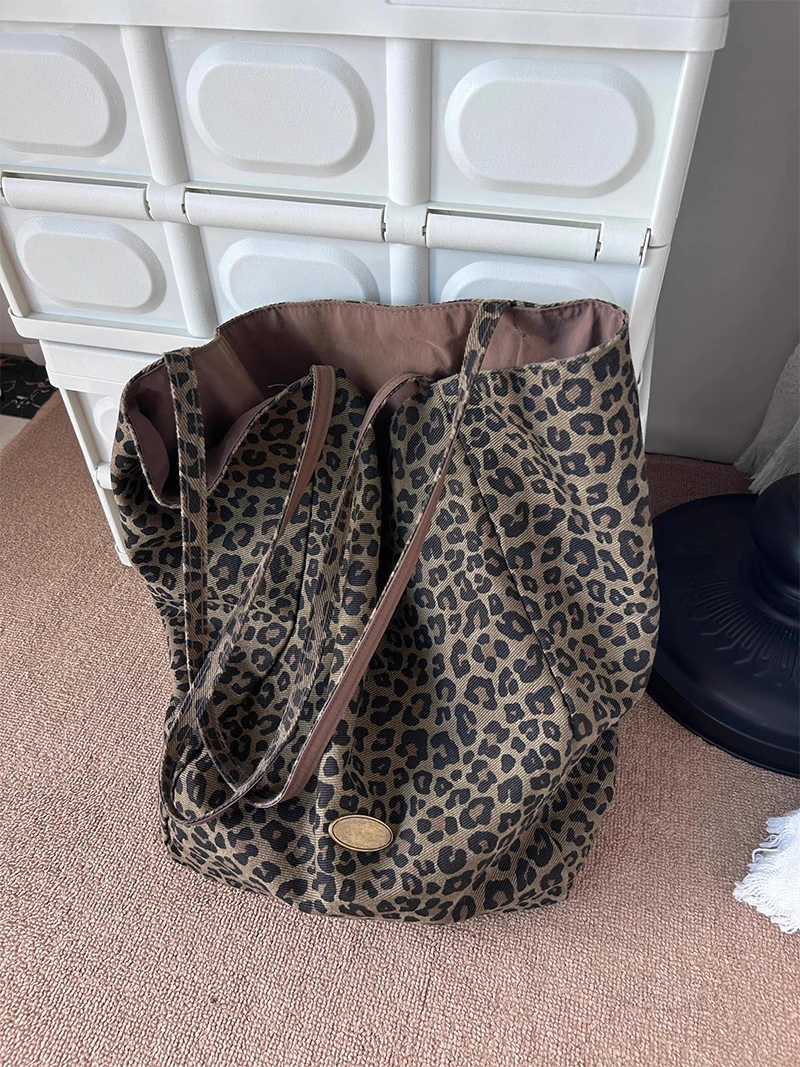 

Большая холщовая сумка-тоут с леопардовым принтом, женская сумка-тоут, пригородная сумка, повседневная простая сумка с двойной ручкой
