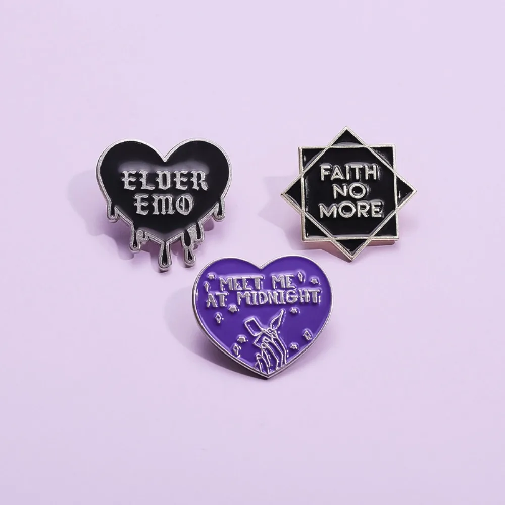 Meet Me At Midnight Faith No More Brooches Black Punk Heart Enamel Lapel Badges Gothic Halloween Jewelry Gift for Friends