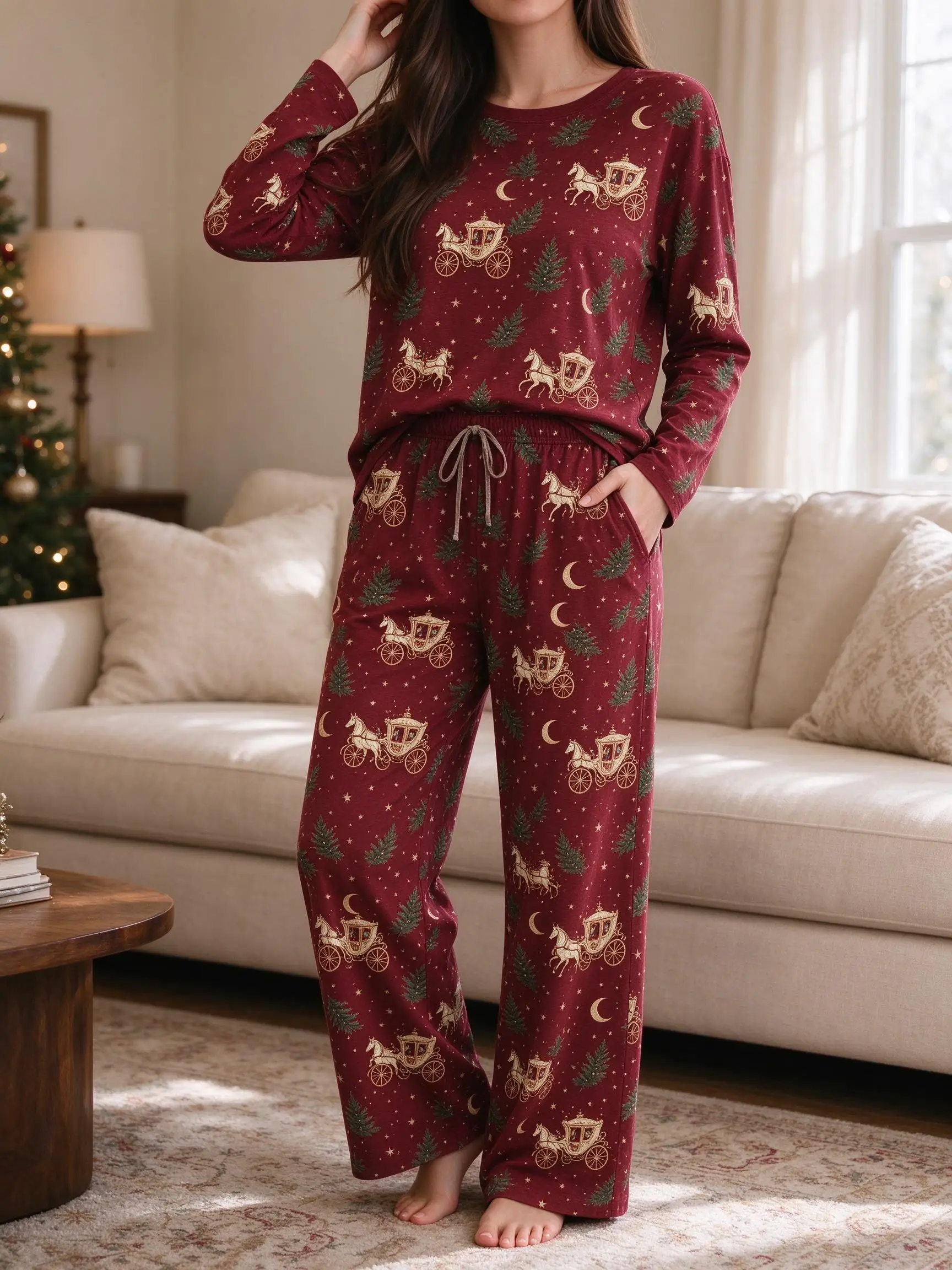 Women Imitation Cotton Pajama Set Red Vintage Floral Rose Allover Print Round Neck Long Sleeve 2PCS Sleepwear Loungewear