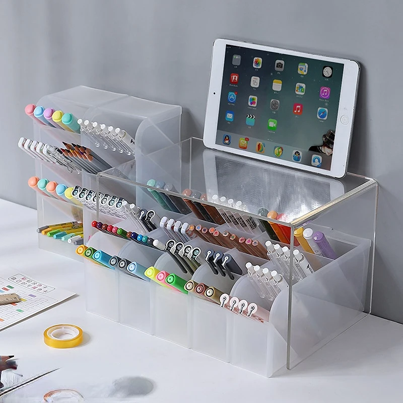 Multi-function Desktop Pen Holder for Obliquely Inserted 4 Grid Office School Storage Case Desk Pen Pencil Organizer