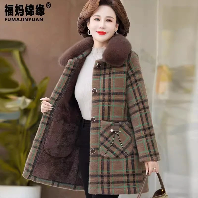 Middle Aged Mother\'s Fur Collar Woolen coat Winter Coat Plush Thickened New Autumn Plaid Coat For Middle-Aged And Elderly Women