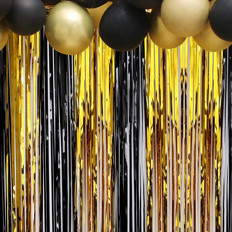 1 Set Shiny Gold Silver Black Rain Silk Curtains Birthday Party Background Wall Decoration Flowing Aluminum Film Wall Curtains