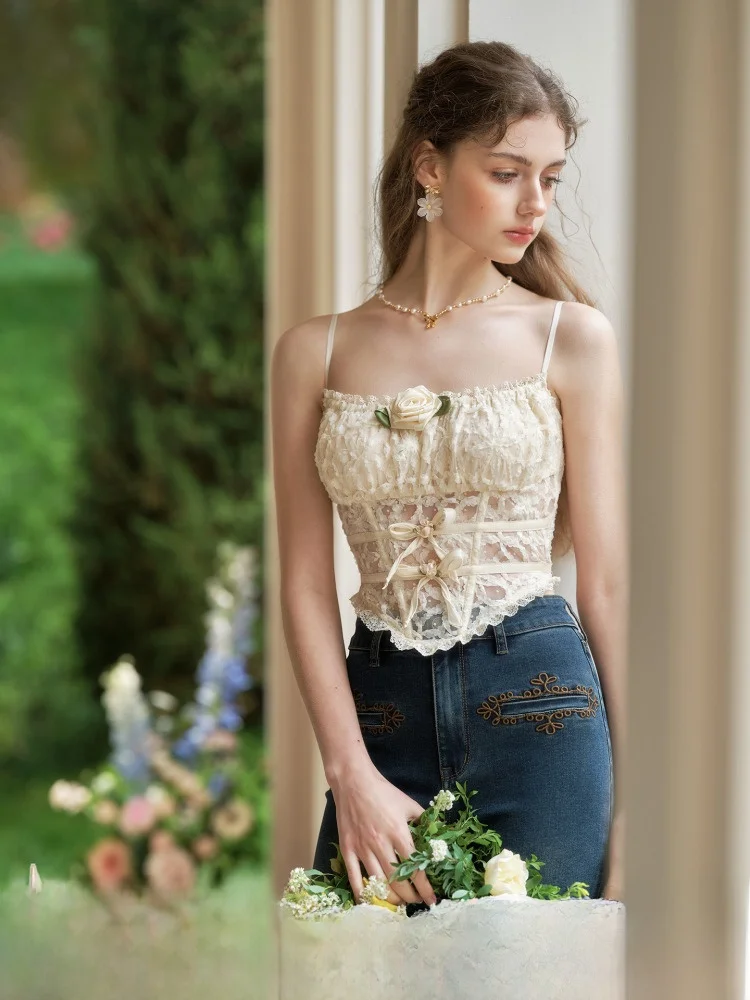 

Французский Sle LaceMade Jasmine Dr cher Strap Fibone Топ женская утягивающая талия с завязками Верхняя одежда Повседневный летний жилет