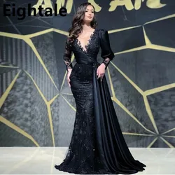 Eightale Customized Modest Black Lace Mermaid Evening Dresses Long Sleeves Sheer Neck Dubai Arabic Women Prom Gowns Formal Party