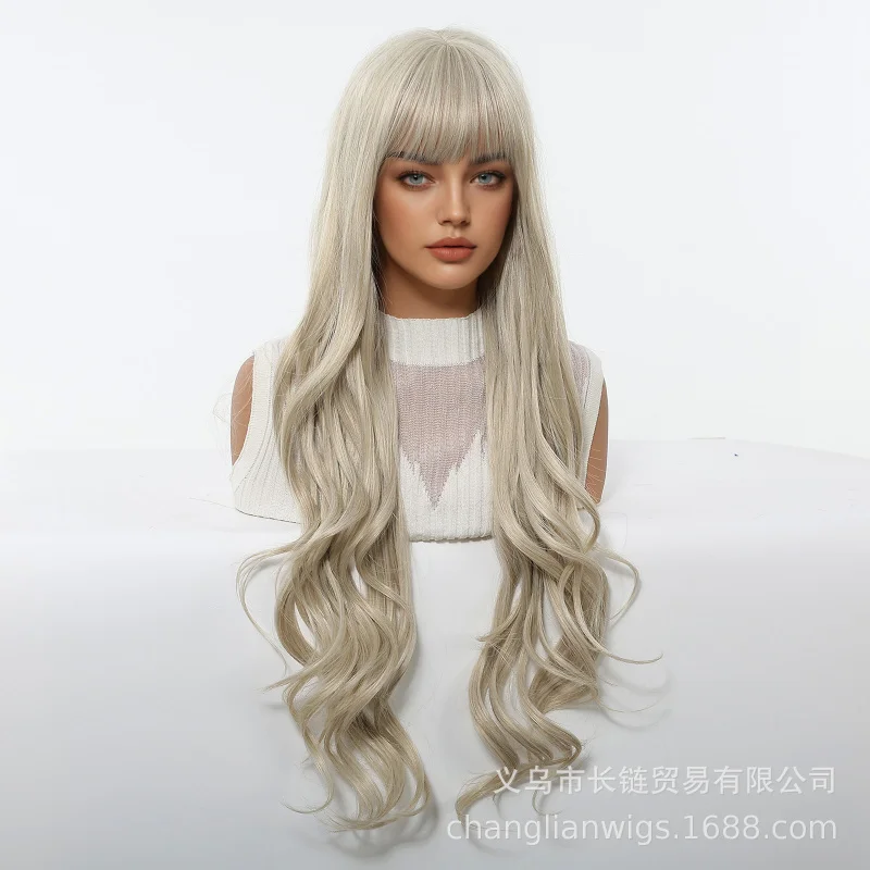 

Women's wig with bangs, large wavy long curly hair, high-temperature fiber, full head cover, elegant rose net cap